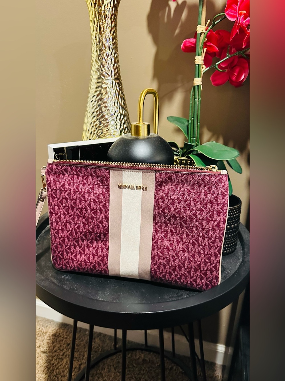 Michael Kors Burgundy Pink Signature Stripe Wristlet